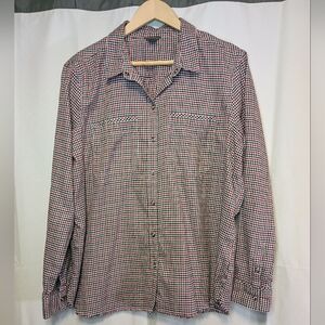 Eddie Bauer Women's XL Plaid Snap Shirt Red Black White Check Raw Hem Vintage